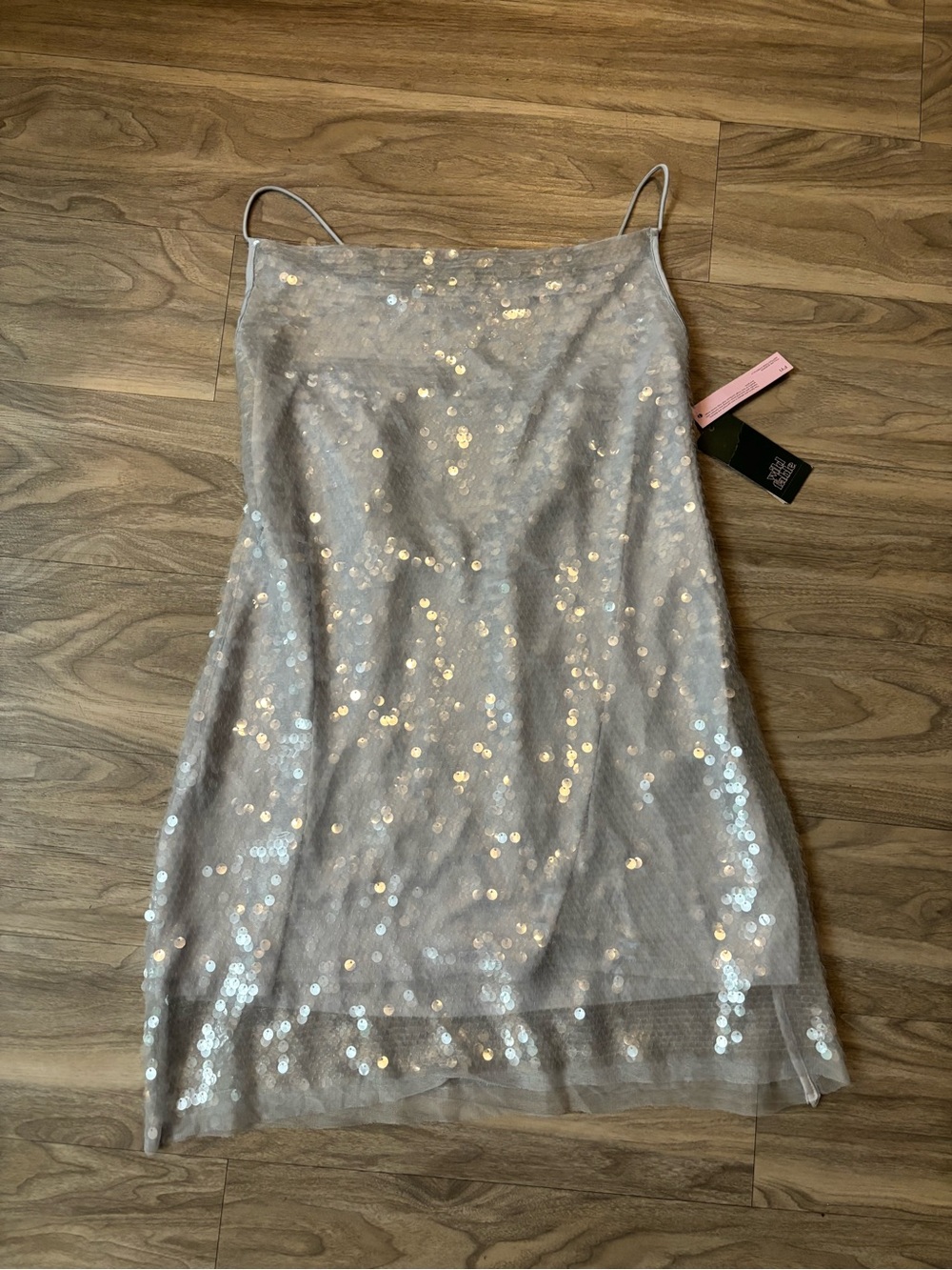 Sequined Spaghetti-Strap Midi Skirt in Light Silver